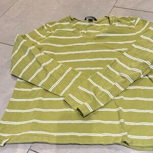 Striped V-Neck Long Sleeve Top - Olive Green & White